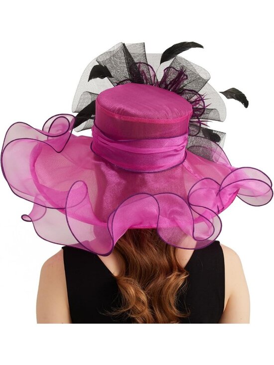 Elegant Wide Brim Organza Church Derby Hat with Detachable Flower for Weddings main image 4